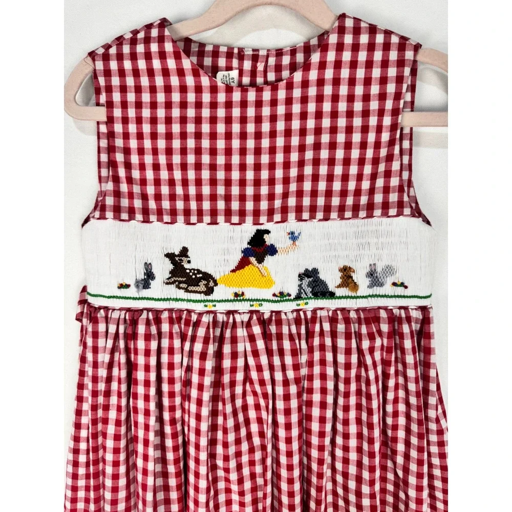 Girls Red Gingham Smocked Snow White Princess Dress Size 6Y Forest Animals 6‎